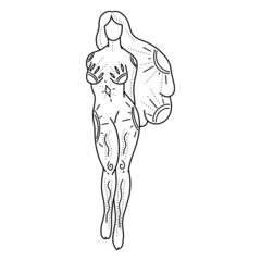 Woman body. Line art. Raster textural illustration of a female and flowers. Boho style. Woman for creating fashion prints, postcard, wedding invitations, banners, arrangement illustrations, books, cov