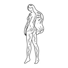 Woman body. Line art. Raster textural illustration of a female and flowers. Boho style. Woman for creating fashion prints, postcard, wedding invitations, banners, arrangement illustrations, books, cov