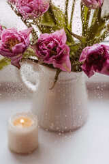 Fresh still life. A vase of flowers outside the window. Water drops after rain on the glass. Bouquet of tulips. Beautiful spring greeting card.