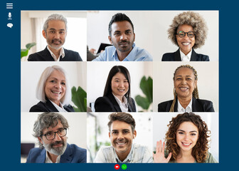 group of people of different ages multigeneration, multiracial, make video call, - coworking concept -