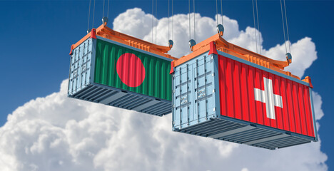 Cargo containers with Switzerland and Bangladesh national flags. 3D Rendering 