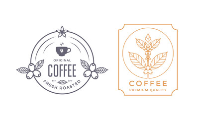 Coffee house badges or labels design with coffee branch, berry and cup. Emblem or for cafe.