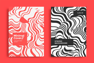 Cover set with an optical fluid wave. Duotone geometric compositions with wavy striped shape. Dynamic flow background design for brochures, posters, flyers.