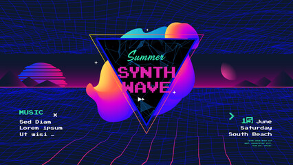 Summer synth Retro wave poster with sunrise. Sci-Fi futuristic background in 80s style. Electronic Music Neon flyer of the 80s.