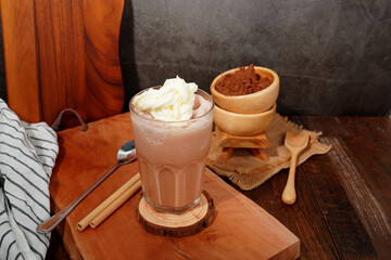 iced chocolate in clear glass summer drink