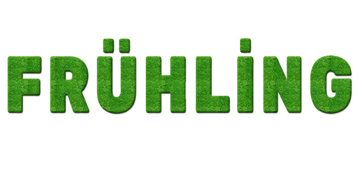 Buchstaben aus Gras-Textur mit wei&szlig;em Hintergrund und der Aufschrift "Fr&uuml;hling"