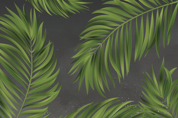 Seamless watercolor illustration of tropical leaves, dense jungle. Photo wallpaper design with tropical trees and leaves on background - 3D illustration.Interior print wallpaper. Hand painted.