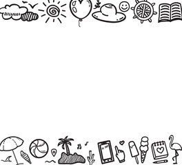 Hand drawn black holiday elements on white. Summer holidays. Freehand web banner design