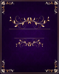 Gold floral frame on purple pattern background.