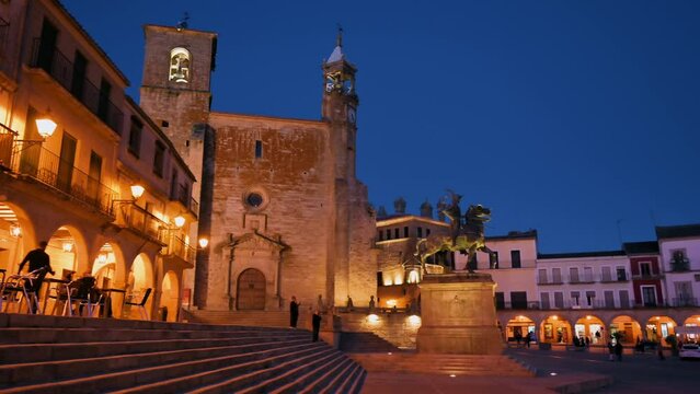 Main square of Trujillo at twilight. Famous medieval village in the province of Caceres, Spain. High quality 4k footage