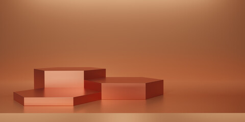 Shiny orange hexagon pedestal or podium. Metallic copper hexagon cube Blank display or clean room for showing product. Minimalist mockup for podium display or showcase.3D rendering. - obrazy, fototapety, plakaty