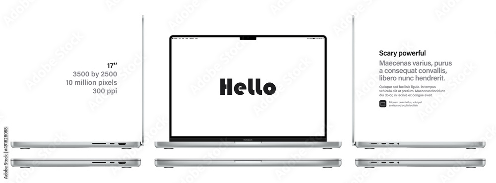 Poster laptop silver color with blank screen front and side view isolated on white background. mockup of re