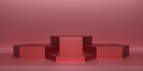 Shiny red hexagon pedestal or podium on red background. Metallic red hexagon cube. Blank display or clean room for showing product. Minimalist mockup for podium display or showcase. 3D rendering.