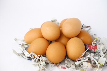 Several fresh chicken eggs isolated on white background 