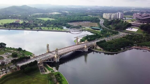 Aerial footage of unique bridge and modern building at Putrajaya Malaysia
