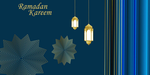 Modern Ramadan background, blue background vector with gold lines