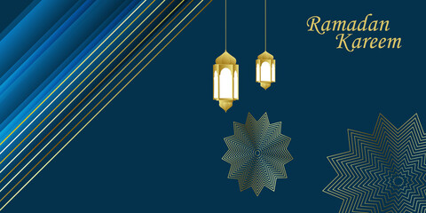 Modern Ramadan background, blue background vector with gold lines