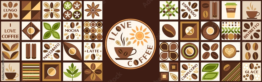 Poster set of design elements, logo with coffee elements in simple geometric style. abstract shapes. good f
