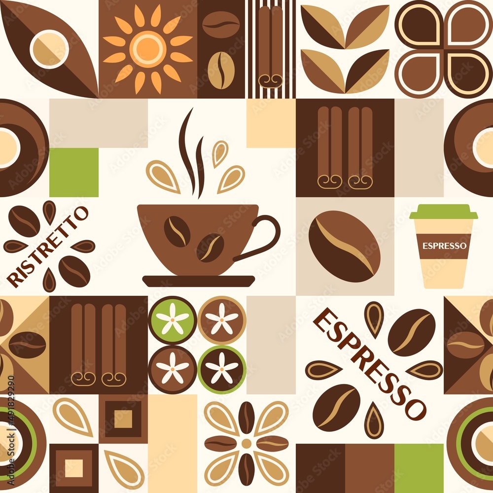 Poster coffee theme background with design elements in simple geometric style. seamless pattern with abstra