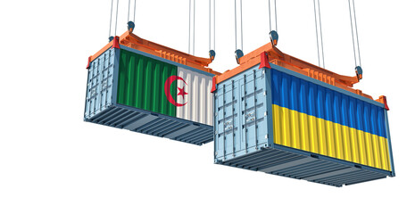Cargo containers with Algeria and Ukraine national flags. 3D Rendering 