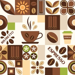 Coffee theme background with design elements in simple geometric style. Seamless pattern with abstract shapes. Good for branding, decoration of food package, cover design, decorative print, background