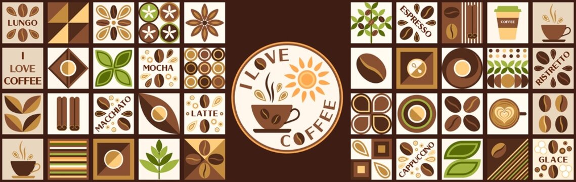 Set of design elements, logo with coffee elements in simple geometric style. Abstract shapes. Good for branding, decoration of food package, cover design, decorative print, background.