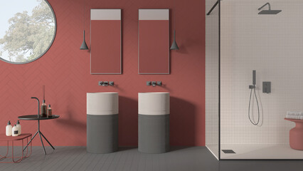 Contemporary bathroom in red pastel tones, modern ceramics tiles, double washbasin, mirrors, shower with mosaic and glass, round window, minimalist interior design concept idea