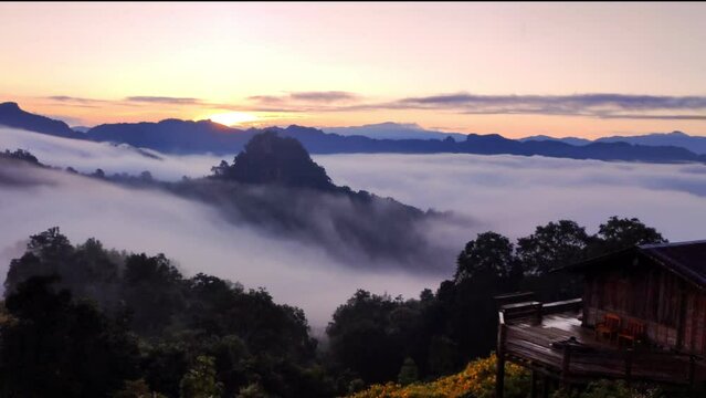 Time lapse video, Morning mist at Baan Jabo viewpoint, the most favourite place for tourist in Mae Hong Son,Thailand