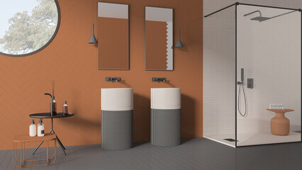 Modern bathroom in orange pastel tones, contemporary ceramics tiles, double washbasin, mirrors, shower with mosaic and glass, round window, minimalist interior design concept idea