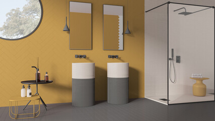 Modern bathroom in yellow pastel tones, contemporary ceramics tiles, double washbasin, mirrors, shower with mosaic and glass, round window, minimalist interior design concept idea