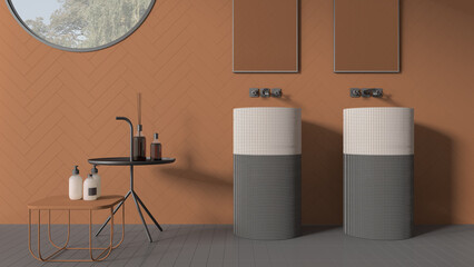 Modern bathroom in orange pastel tones, contemporary ceramics tiles, double washbasin with faucets and mirrors, side tables with bottles and decors, minimalist interior design concept
