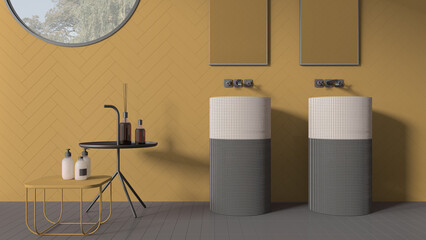 Modern bathroom in yellow pastel tones, contemporary ceramics tiles, double washbasin with faucets and mirrors, side tables with bottles and decors, minimalist interior design concept