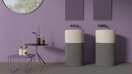 Modern bathroom in purple pastel tones, contemporary ceramics tiles, double washbasin with faucets and mirrors, side tables with bottles and decors, minimalist interior design concept