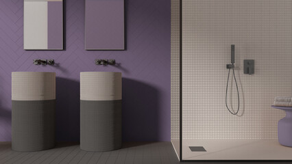 Contemporary bathroom in purple pastel tones, modern ceramics tiles, double washbasin, mirrors, shower with mosaic and glass, table with towels, minimalist interior design concept
