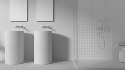 Total white project draft, contemporary bathroom, modern ceramics tiles, washbasins, mirrors, shower with mosaic and glass, table with towels, minimalist interior design concept