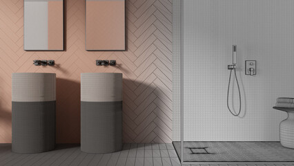 Architect interior designer concept: hand-drawn draft unfinished project that becomes real, bathroom, modern ceramics tiles, washbasins, mirrors, shower with mosaic, table with towels