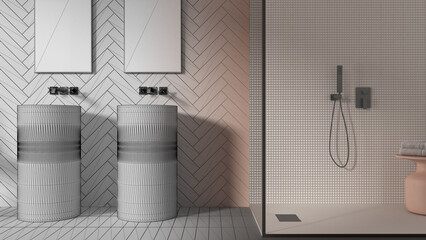 Architect interior designer concept: hand-drawn draft unfinished project that becomes real, bathroom, modern ceramics tiles, washbasins, mirrors, shower with mosaic, table with towels