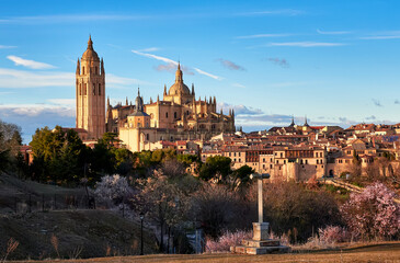 Fototapeta na wymiar Vista panorámica de la Catedral de Segovia, parte de la antigua muralla y su arquitectura historica, durante un atardecer primaveral con almendros en Flor 