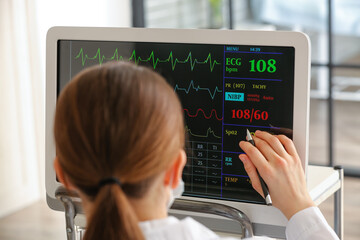 Doctor near modern heart rate monitor in hospital