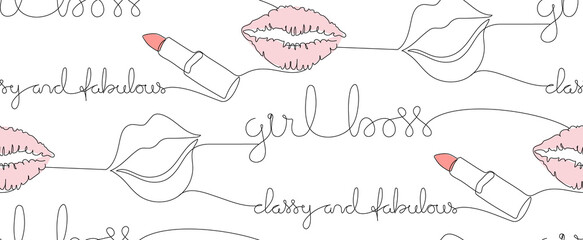 Girl boss - handwritten inscription with beautiful lips and lipsticks in minimal one line drawing. Seamless pattern.