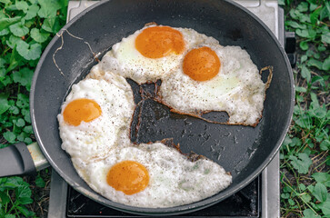 Scrambled eggs in a frying pan. Snack in nature. Appetizing food. Top view.