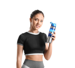 Sporty teenage girl with bottle of water on white background