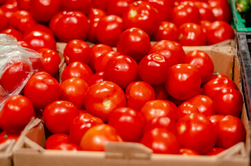 Red tomatoes in boxes. Sale of tomatoes. Delicious ingredient for salads. Healthy Eating.