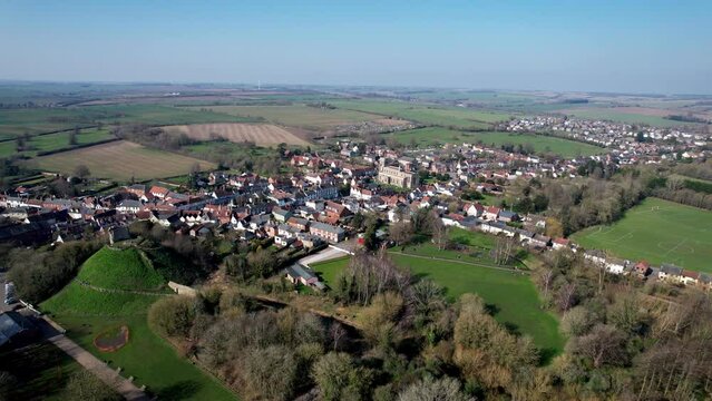 Clare Market Town And Castle Ruins In Suffolk England Aerial Drone Footage