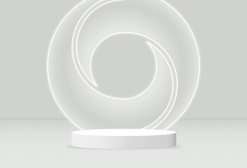 Abstract 3D rendering White cylinder podium studio with a light on the wall. Geometric shape object illustration for banner, poster, and wallpaper. Display for product. copy space.