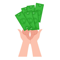 Green paper money falling in two hands