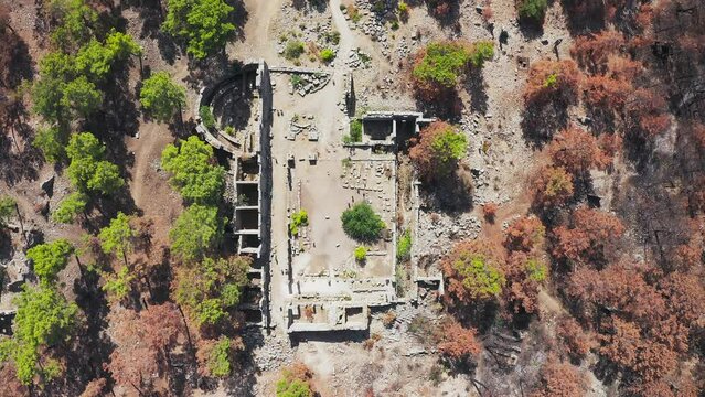 Taurus Mountains. Manavgat. Seleucia (Pamphylia, Lyre, Lyre). Forest fire in the mountains. The ancient ruins of Seleucia. Ancient city on the Mediterranean coast of Pamphylia, in Anatolia
