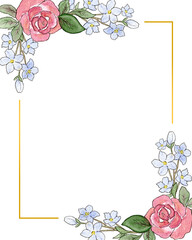 Watercolor flowering frame. Frame of apple rose flowers. Blank greeting card, invitation template.