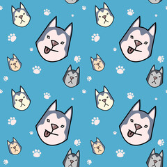 Seamless pattern cute husky on blue background 