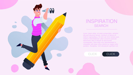 Men  character designer flying on pencil . Generating ideas concept. Creative bright ad or educational process banner, imagination, inspiration poster for web design studio, startup, courses, landing 